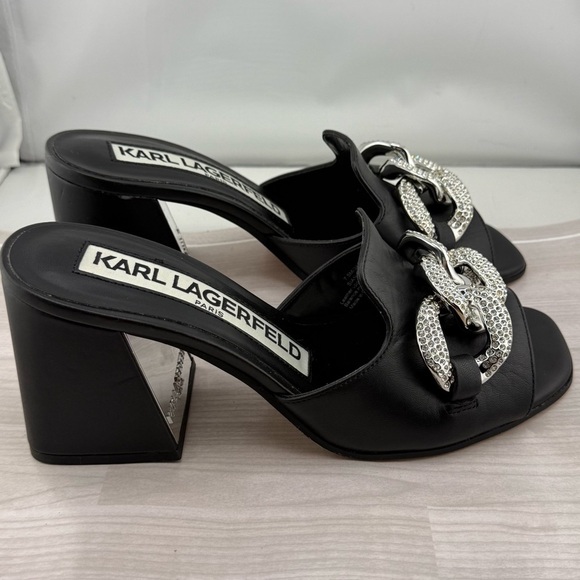 Karl Lagerfeld Black Mules with Crystal Bow and Block Heel - Picture 1 of 5